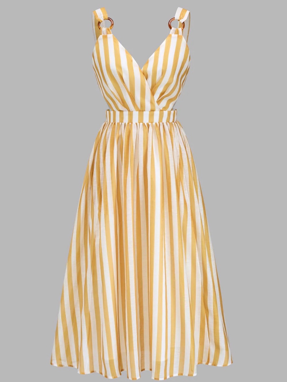 Ring Strap Striped Cutout Midi Dress . Pocket🫶